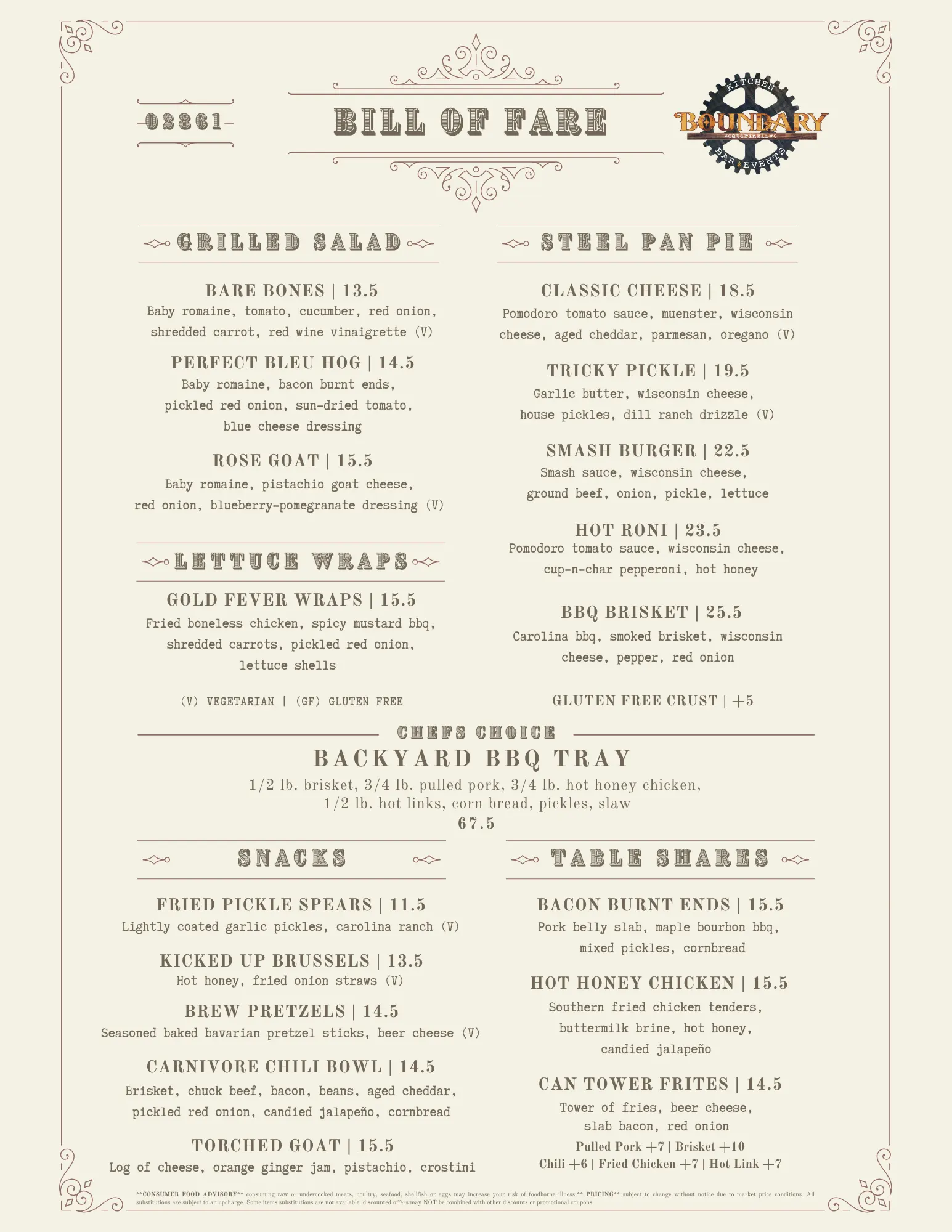 Boundary Kitchen & Bar Daily Menu